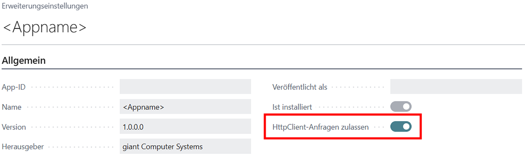 Schalter HttpClient-Anfragen zulassen in den Erweiterungseinstellungen von Dynamics 365 Business Central