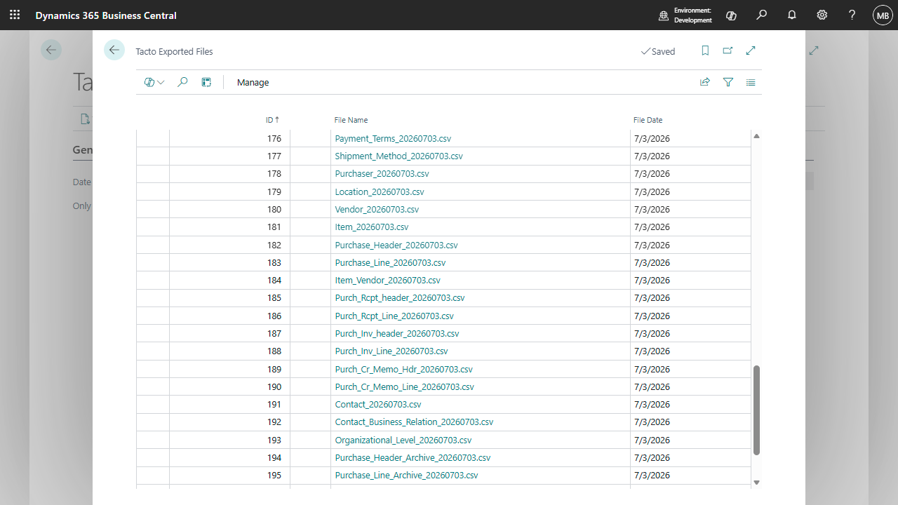 Tacto Exported Files list showing the retained generated files
