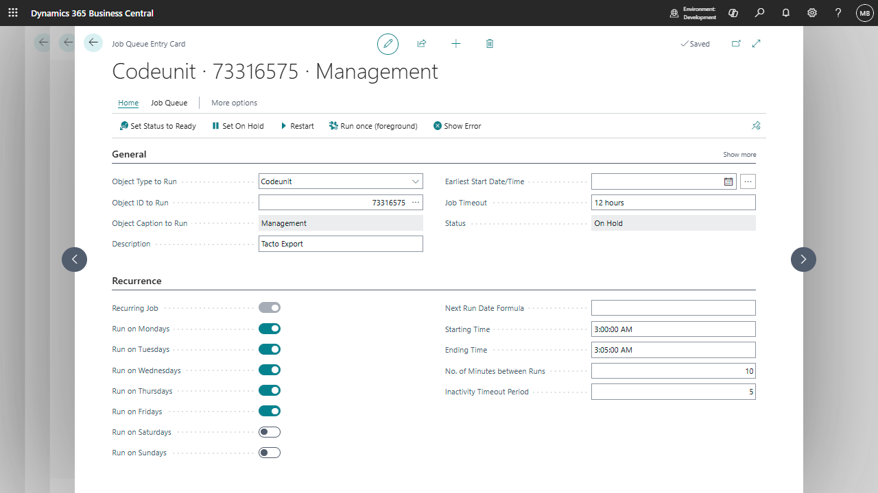 Generated Job Queue Entry in Business Central's Job Queue Entries list, created with status On Hold